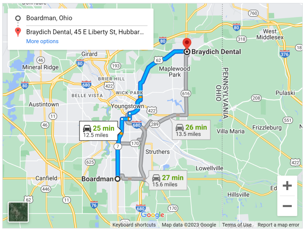 Directions from Boardman Ohio to Braydich Dental